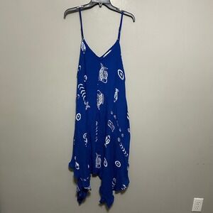 India Boutique Dress One Size Blue Fish Print Spaghetti Strap Handkerchief Hem